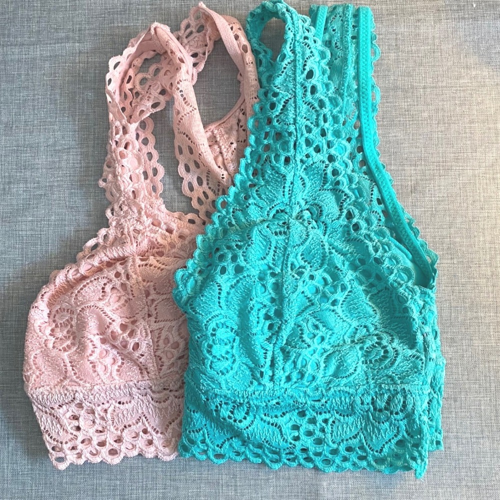 Aerie Lace Bralette Bundle Pink Racerback Turquoise Halter Womens Size Md 2pk